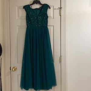 Emerald Green Sequin Top Chiffon Formal Gown.